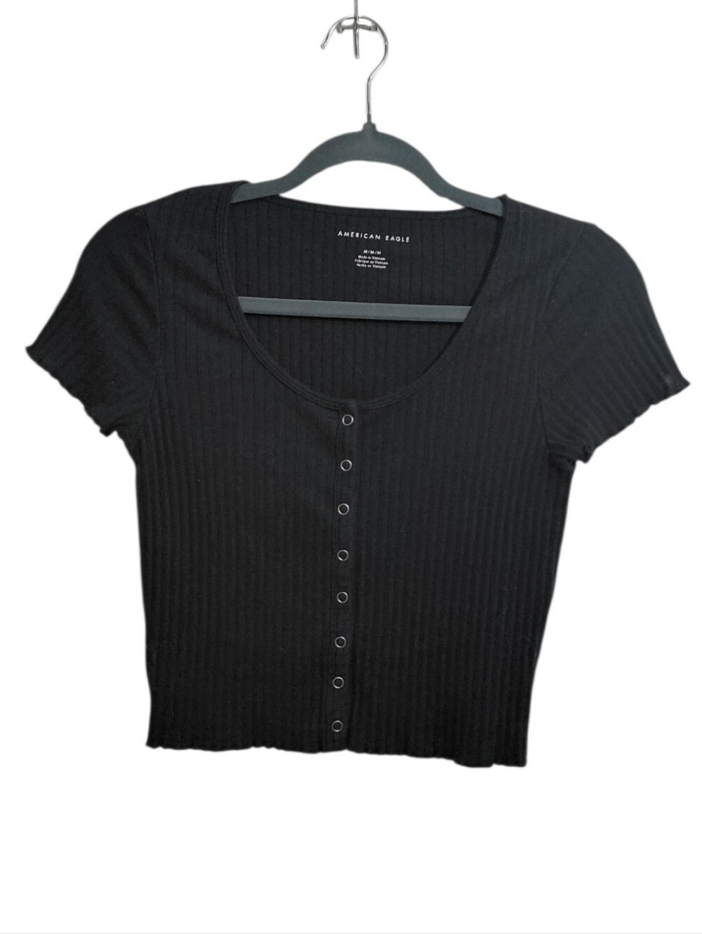 American Eagle Outfitters Black Ribbed Button-Front Short Sleeve Crop Top